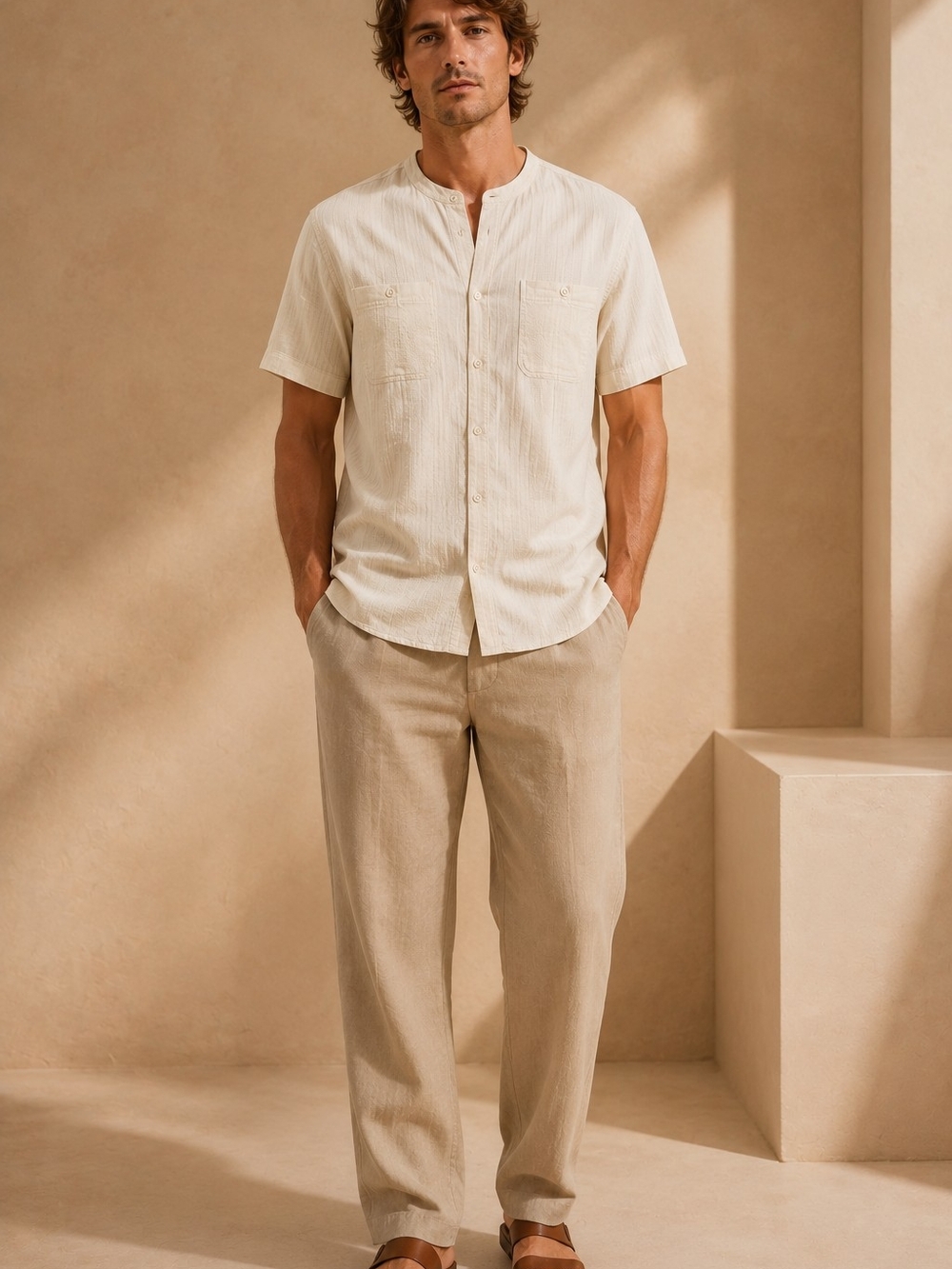 Men’s Linen Shirt Beige Collarless Minimalist short sleeves Coastal  Button Up